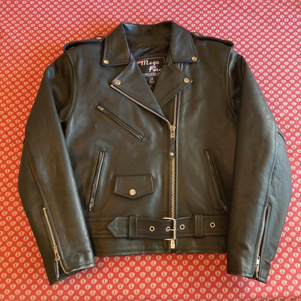 MEGAFORCE PROTECTION Black Leather Motorcycle Jacket size 12